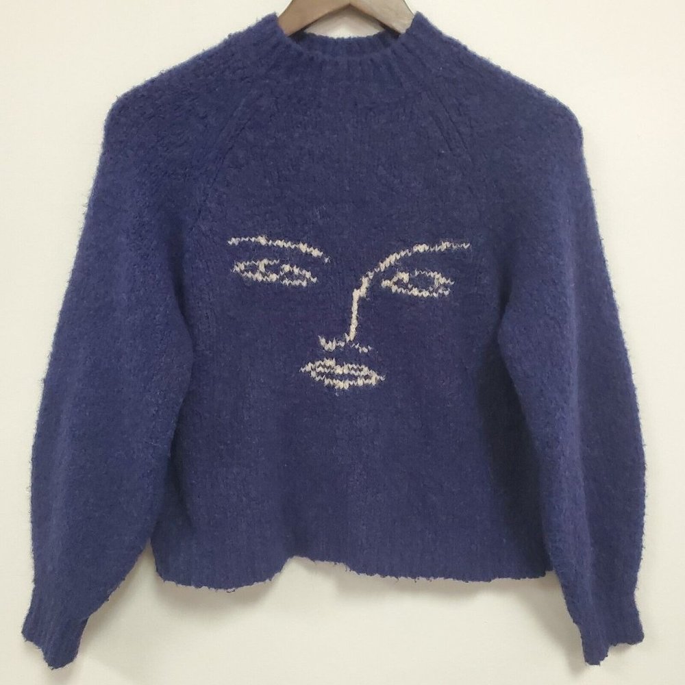 Paloma Wool Womens Cropped Face Sweater Blue High Neck Balloon Sleeve
